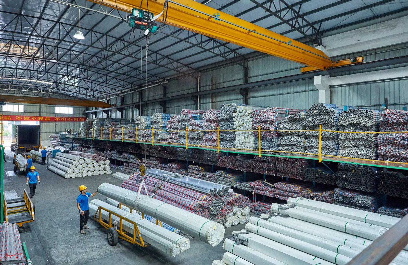 Labeled racks with bundled stainless steel pipes in MFY warehouse ready for fulfillment